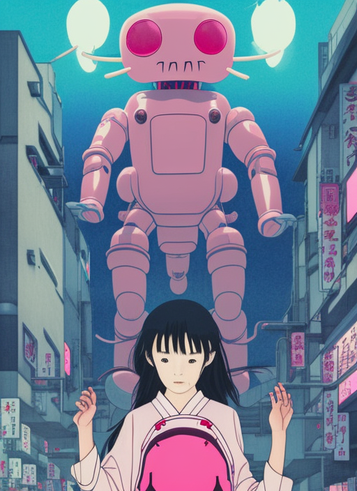Artwork by James Jean, Phil noto and hiyao Miyazaki; a young Japanese future samurai police girl named Yoshimi attacks an enormous looming evil natured carnivorous pink robot on the streets of Tokyo; Japanese shops and neon signage; crowds of people running; Art work by studio ghibli, Phil noto and James Jean