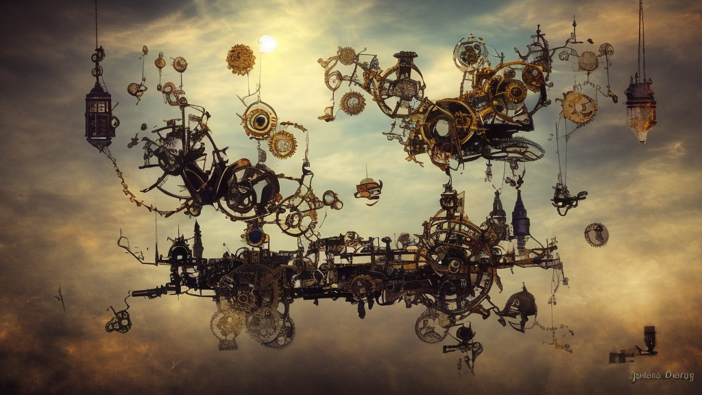 flying! city in a mechanical flower, sky!, fantasy art, steampunk, masterpiece, behrens style