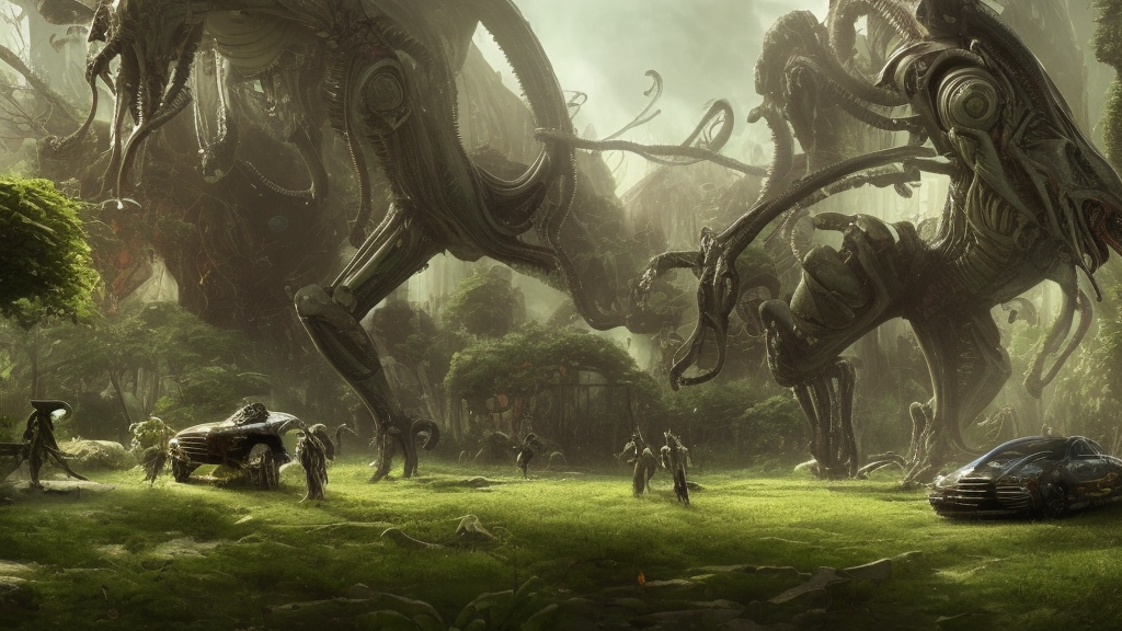 xenomorph taxi car in a fantasy village, calming, uplifting mood, ultra realistic, farm, small buildings, highly detailed, atmosphere, masterpiece, epic lighting, elves, green plants, magic, illuminated, 4 k, cinematic, morning sun, art by eddie mendoza and sylvain sarrailh and jonathan berube