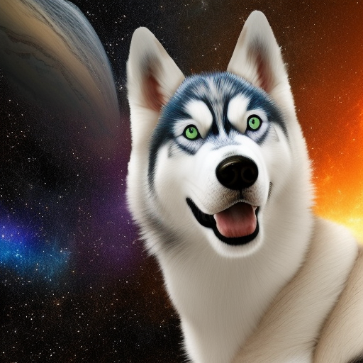 a photo realistic, 3D, hyper realistic, and highly detailed husky dog in space, set against a galaxy background. The husky should be depicted in a studio lighting setting, with attention paid to the details of its fur, muscle structure, and features. The husky should have a distinctive feature of having two different eye colors. The galaxy background should be rich in color and depth, with swirling nebulas, stars, and other celestial bodies. The overall composition should be balanced and visually striking, capturing the wonder and awe of the husky exploring the vast expanse of space.
