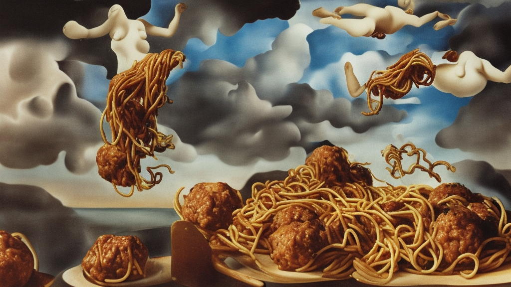 a giant mess of women bodies with spaghetti bolognesa and meatballs flying in the stormy sky by dali