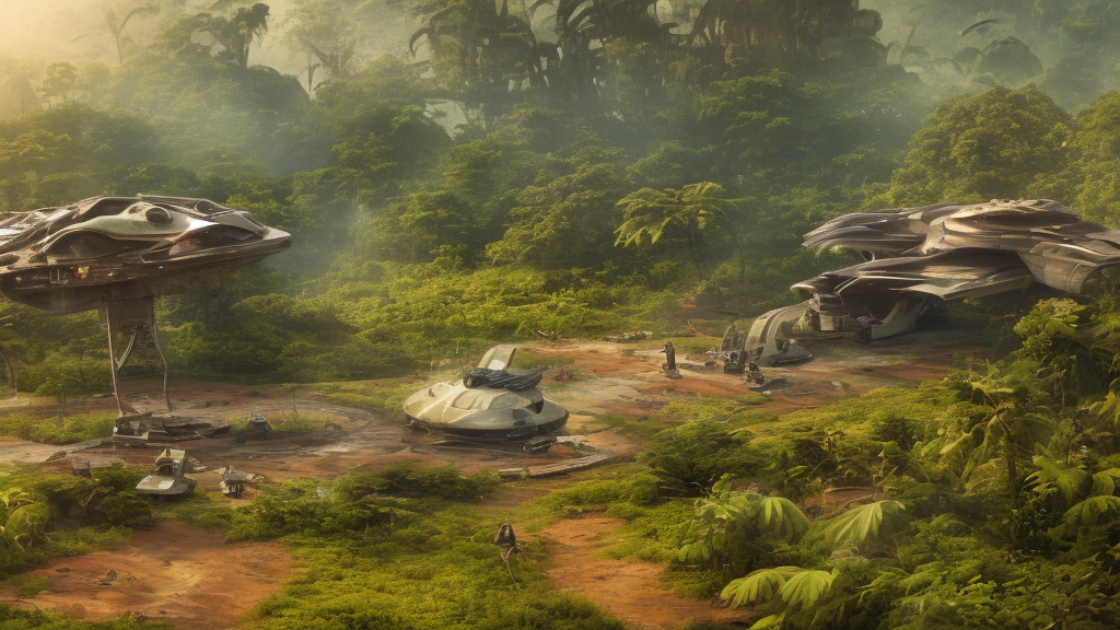 a huge futuristic rusty abandoned old alien spaceship, next to it a smaller exploration vehicle on a landing pad, surrounded by a lush alien jungle, in the foreground two explorers are arguing, sunset, volumetric light, hyperdetailed, artstation, cgsociety, 8k