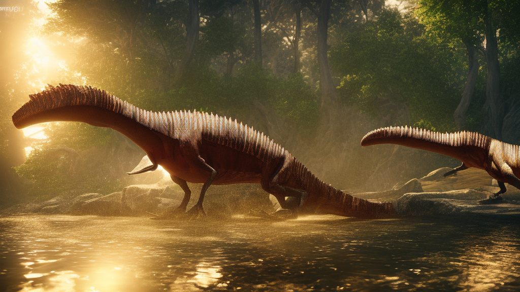 hyper realistic highly detailed nature photography of a spinosaurus, prehistoric planet, volumetric lighting, octane render, 4 k resolution, golden hour