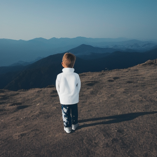 a boy standing alone on a mountain looking at moon wearing white jacket