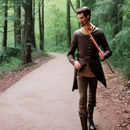 A tall thin handsome man dressed like Robin hood is playing the flute and walking rapidly over a tiny paved path in the middle of a forest.  