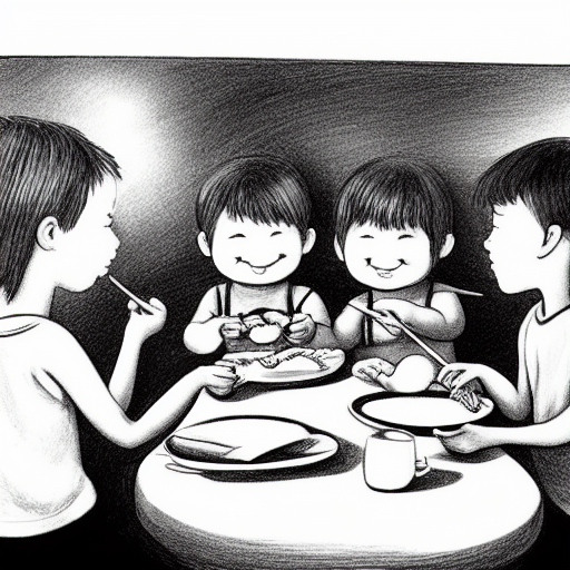 100 hungry children eating at dinner painting black and white pencil illustration high quality