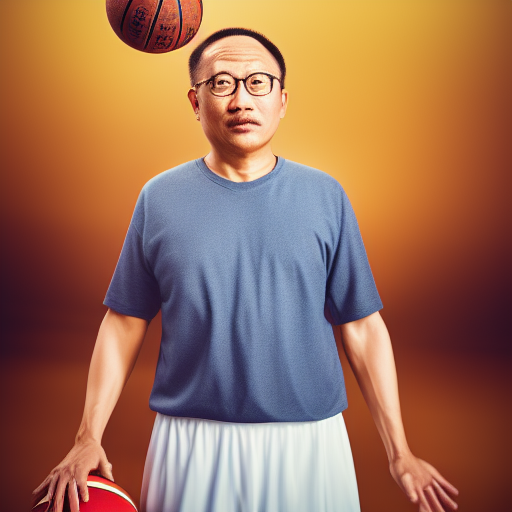 a middle-aged asian father dunking a ball ultra-realistic portrait cinematic lighting 80mm lens, 8k, photography bokeh