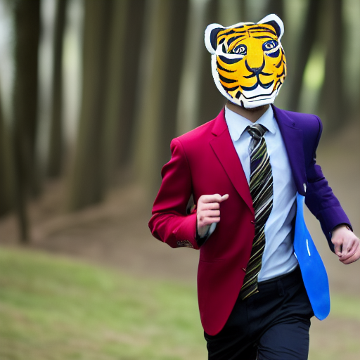 A teenager with a tiger mask wearing a suit jacket and running shorts racing at golden gate park cross country