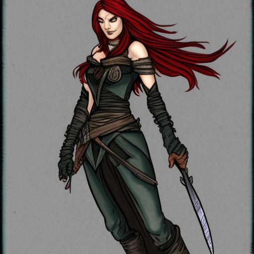 a redhead rogue portrait, with a dagger and fleuret, heroic fantasy style