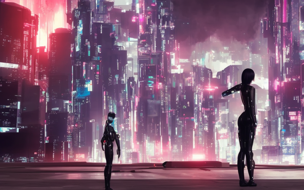 highly detailed photo realistic cyber girl standing in front of futuristic motorcycle in a ghost in the shell tower city on fire with police robots slowly approaching 