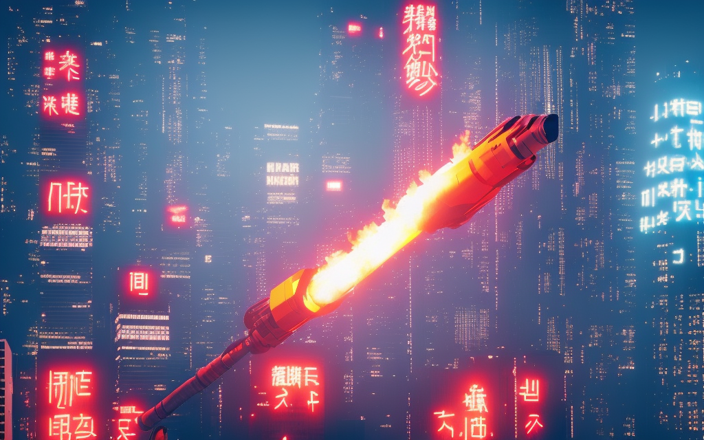 photorealistic killer robot firing missiles into blade runner tower city on fire and exploding, neon japanese billboards, blue sky


