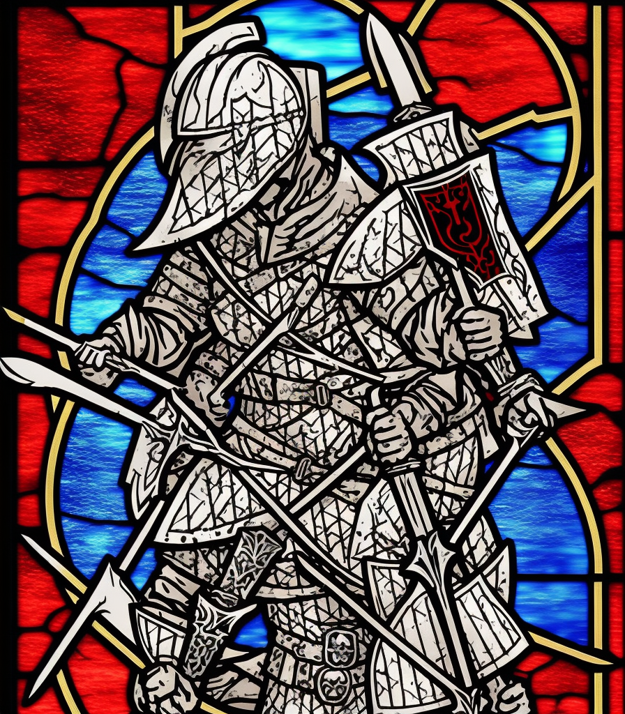 dark medieval, triumphant young evil gladiator winning good gladiator with sword and shield, evil, Warhammer fantasy, stained glass, black and red, gold and blue, grim-dark, gritty