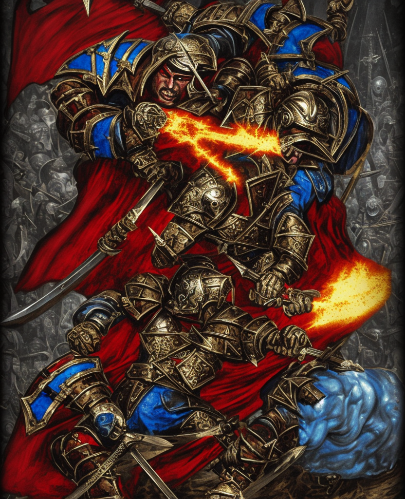 dark medieval, triumphant young evil gladiator beating good gladiator with sword and shield, evil, Path of Exile, Warhammer fantasy, black and red, gold and blue, stained glass, grim-dark, gritty