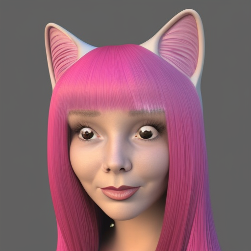 curvy portrait of an anthropomorphic cat woman, with long pink hair, 3d, high detail, cute