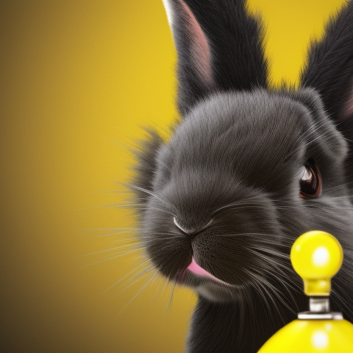 fluffy cute black rabbit looks into the camera on a yellow light background, cinematic, hyperrealistic