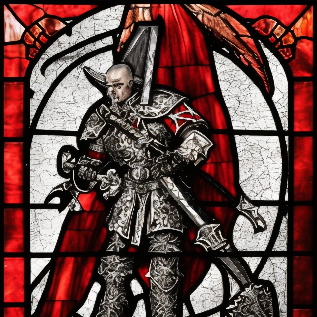 stained glass, a young aggressive evil gladiator holding a big demonic sword, Warhammer fantasy, Diablo, intricate details, black and red, grim-dark, detailed