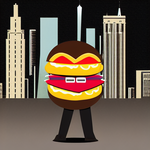 a cheeseburger who is a superhero with a cityscape in the background