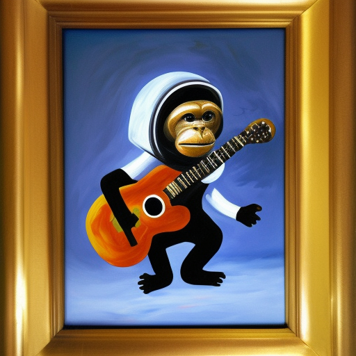 monkey playing guitar, with astronaut helmet oil painting on canvas