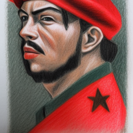 che guevarra, color pencil sketch, with beret and red star, symmetrical