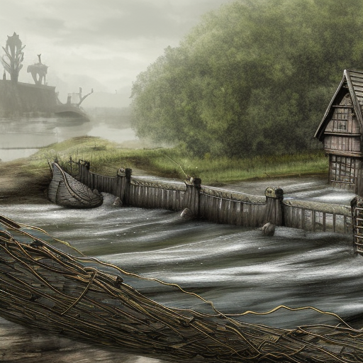 dark medieval wide river, rocky rapids, river lock with two sluices between island and shore, two water levels, Warhammer fantasy, house, summer, trees, fishing, nets, black adder, muddy, misty, overcast, Dark, creepy, grim-dark, gritty, hyperdetailed, realistic, illustration, high definition%>
