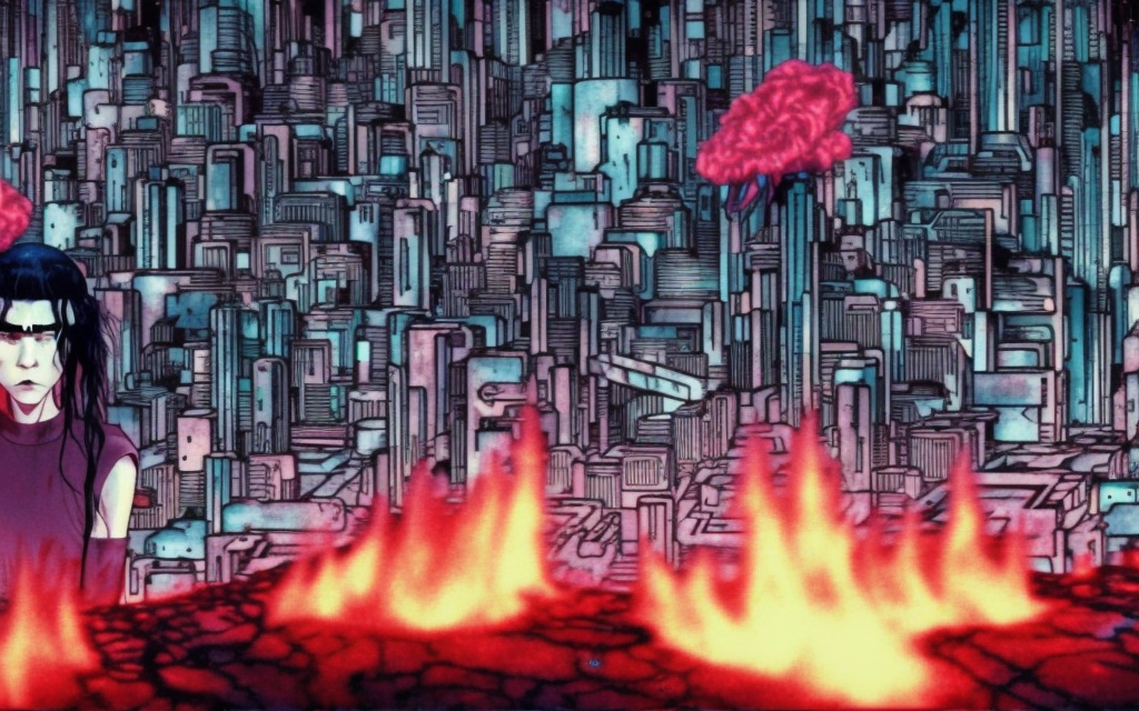 realistic highly detailed image of singer grimes as giant manga monster attacking ghost in the shell city on fire