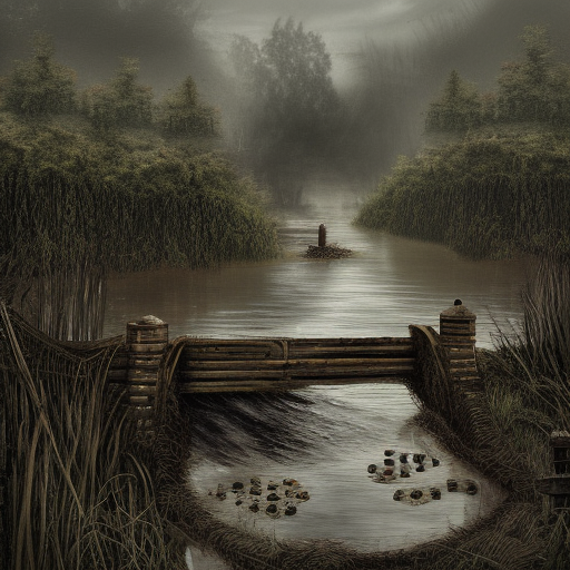 dark medieval wide straight river, Warhammer fantasy, lock with two sluices between island and shore, levelled water, one house, rocks, summer, trees, nets, fishing, fish, water-lily, boat, black adder, muddy, puddles, misty, overcast, Dark, creepy, grim-dark, gritty, detailed, realistic, illustration, high definition%>