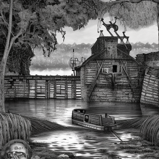 dark medieval wide big river lock with two sluices, water levels, lock gates, one house, rocks, Warhammer fantasy, summer, bushes, trees, nets, fishing, fish, water-lily, boat, poor, black adder, muddy, puddles, misty, overcast, Dark, creepy, grim-dark, gritty, detailed, realistic, illustration, high definition
