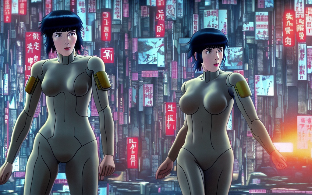 very realistic major from ghost in the shell falling into a futuristic city on fire with signs and flying cars


