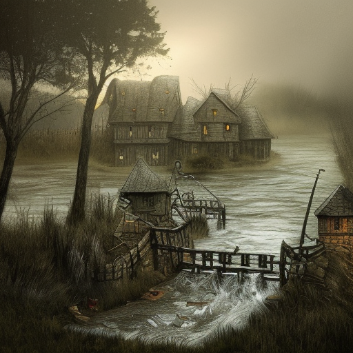 dark medieval wide straight river, rocky rapids, Warhammer fantasy, lock with two sluices between island and shore, levelled water, one house, rocks, summer, trees, nets, fishing, black adder, muddy, misty, overcast, Dark, creepy, grim-dark, gritty, hyperdetailed, realistic, illustration, high definition