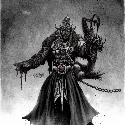 dark sorcerer of Belakor with chains, shadow magic, Warhammer fantasy, creepy, grim-dark, gritty, realistic, illustration, high definition