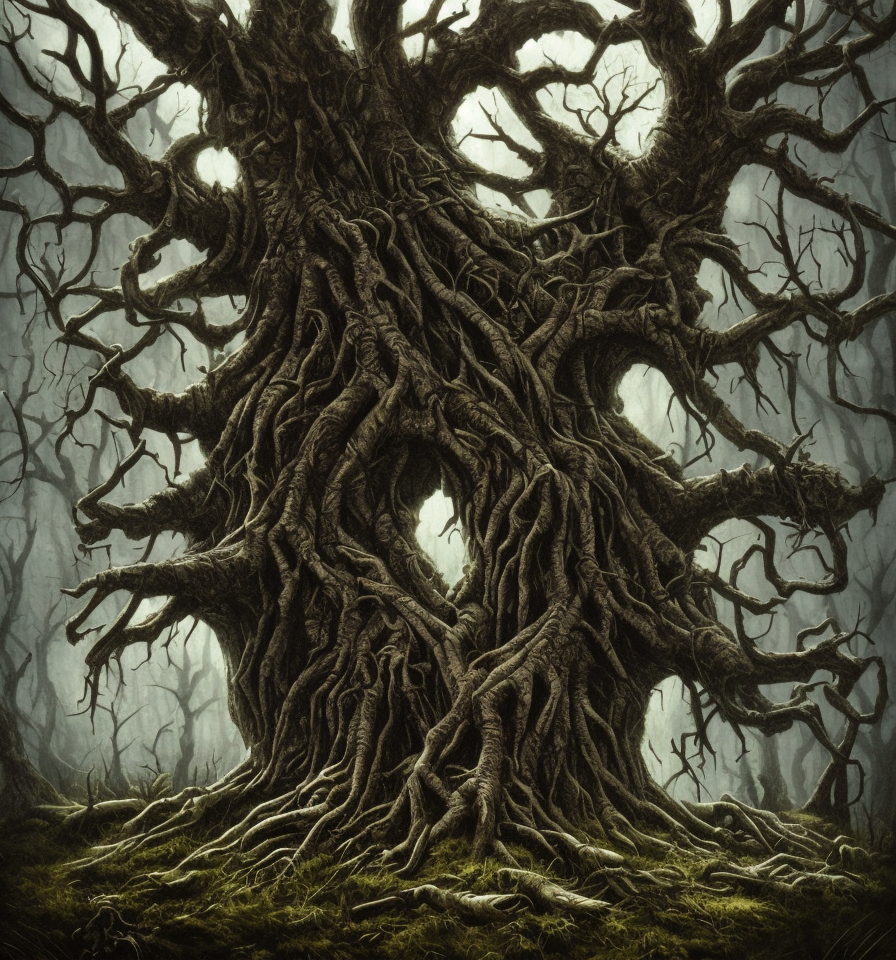 dark medieval, gnarled tree with offerings, bare roots, Warhammer fantasy, summer, trees, misty, overcast, Dark, creepy, grim-dark, gritty, Yuri Hill, hyperdetailed, realistic, illustration, high definition, 4K, oil on canvas