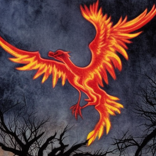 phoenix flies under the bloody moon and burns trees into ashes