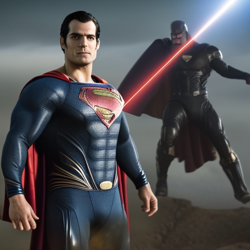 Superman Henry Cavill fights Thanos shooting laser beams against  Thanos and defeating him, highly detailed, 8K quality, cinematic experience, 