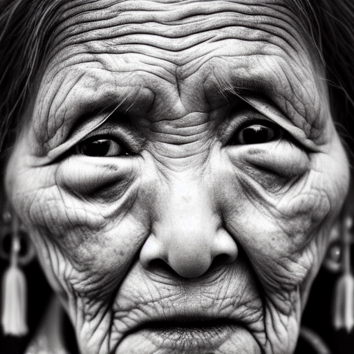 Portrait photo of an wrinkled old native woman symmetric face, front-facing, serious eyes, 50mm portrait photography, hard rim lighting black and white pencil illustration high quality