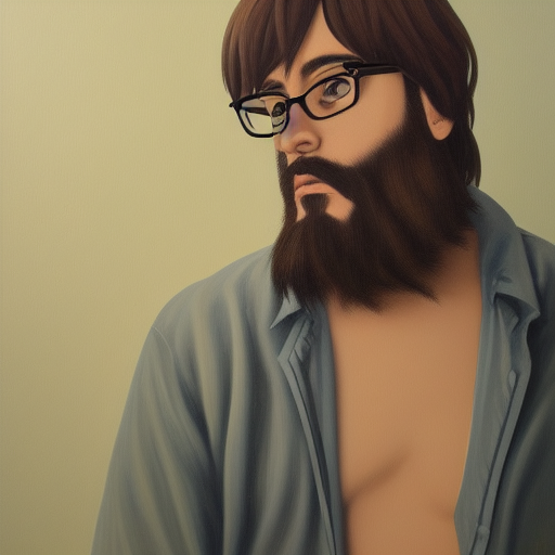 27 year old bearded man wearing glasses, long hair, detailed painting, confused, anime
