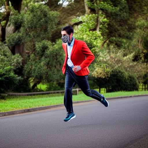 A teenager with a tiger mask wearing a suit jacket and running shorts racing in golden gate park