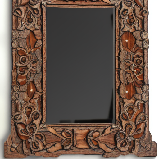 Wood mirror, rectangular frame, floral ornaments, high quality, front view