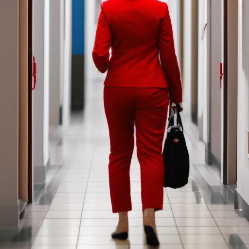 a nakd woman in red suit walking down a corridor