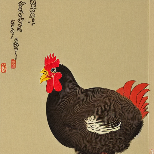 a painting of a chicken wearing a costume, a portrait by Koson Ohara, featured on pixiv, ukiyo-e, ukiyo-e, woodcut, chiaroscuro