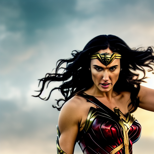 A wide angle shot of athletic Wonder Woman from Justice League movie (who looks like bridget moynahan) with headband and armor, stunning photorealistic image, 200mm F/2.0