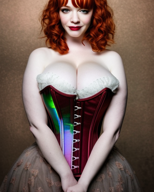 perfectly - centered!! looking at the camera!!! full body photograph of young christina hendricks wearing a corset, bright lighting, godrays, intricate abstract upper body, zeiss lens, cinematic lighting, sharp focus, bokeh, smooth, filmstill, photography, hyper realism, iridescent accents