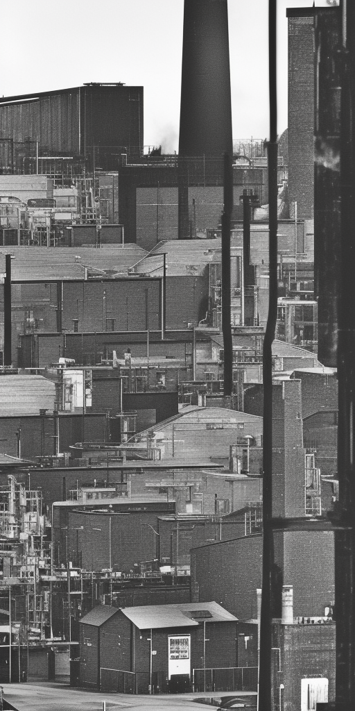 A black and white oil painting of a factory in Wuppertal, a very close-up shot. It's a clear and bright day. In the center of the picture, a brick chimney rises up, dominating the upper half of the image. In the background, behind the industrial building, there is a tree. Actually, everything except for the chimney is in a deep, dark shadow. The chimney, on the other hand, as the tallest object, rises phallically and reaches out to the sunlight as if it were a tree turning towards its source of nourishment. The other tree, which is not just like a tree, but a real tree, is only a dark outline. Would it be a bit too overblown if I were to say: Here, the human work of capitalism rises above natural creativity, showing its strength and pride, without realizing that its downfall is already embedded in this outstanding pride? Or is a chimney sometimes just a chimney?