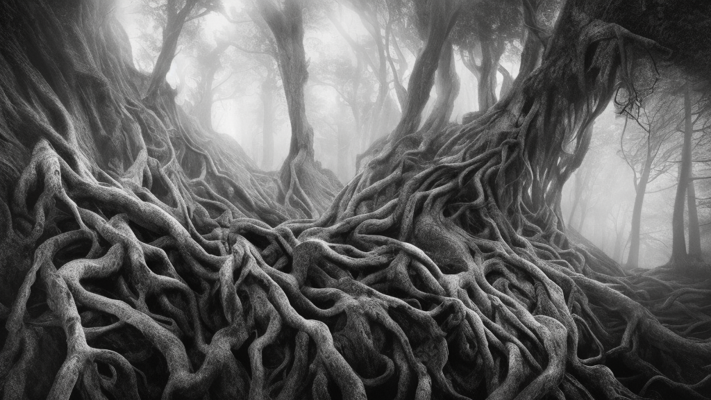 ego perspective photography roots sprawling, climbing, forest, dolomites, alpine, detailed intricate insanely detailed octane render, 8k artistic 1920s photography, photorealistic, black and white, chiaroscuro, hd, by David Cronenberg, Raphael, Caravaggio