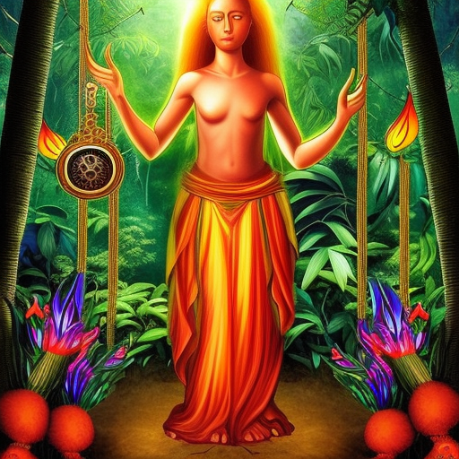 Create an image of a mystical figure standing in a jungle, surrounded by an aura of light. The figure is holding a key, which symbolizes their power over the prison of negative thoughts. In the background, there is a fiery jungle with different shades of red, yellow and orange. The figure is gazing upwards, with a serene expression on their face, indicating their faith and hope in a higher power. The overall mood of the image is one of enlightenment, renewal, and liberation. The banner size should be 1600x400 pixels, and it should have a simple yet elegant design with warm colors that blend well together.



