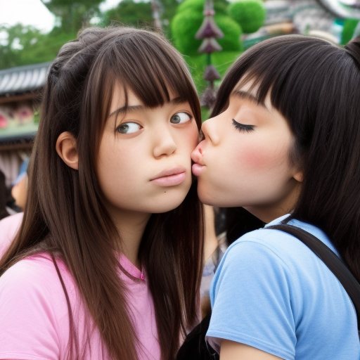 two preteens japanese girl kissing in disney land 