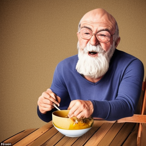 Create an image of a 60-year-old man sitting on a wooden chair and eating soup. Marks the passage of time on his face and makes it with a hyperrealistic style