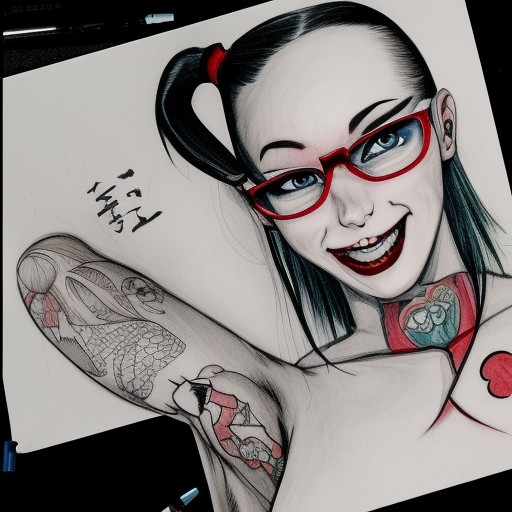 beautiful brunette anime girl harley quinn, smiling, dressed in fitness clothing, wearing glasses, short haircut, white sneakers, tattoos on arms and neck, in an art studio, sitting at a table drawing, full body, full face, face extremely detailed, anatomically correct, highly detailed, symmetrical, concept art, intricate detail, art by alex raymond,4k,8k,hd