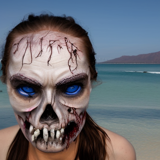 Zombie head with air ,blue eyes and tatus on the beach