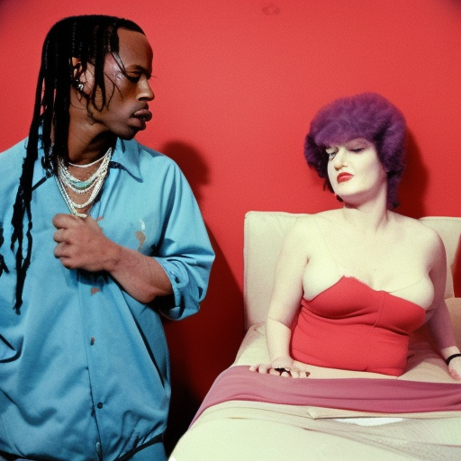 bored housewife meets travis Scott in a seedy motel room, 1982 color Fellini film, ugly motel room with dirty walls and old furniture, archival footage, technicolor film, 16mm, live action, John Waters