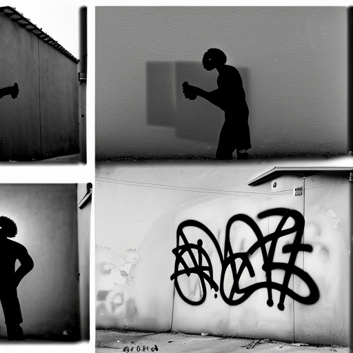 Contact sheet, 35mm black and white photography, African American male spray painting graffiti in alley 